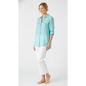 Chico's Aqua 100% Linen Button Down Roll Tab Sleeves Coastal Top Blouse Size 1